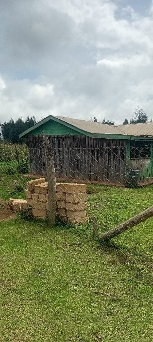 The image depicts an outdoor scene in Rwanyambo, Kenya, under an overcast sky. In the foreground, green grass covers the ground, with a visible shadow pattern. A wire mesh fence, supported by weathered wooden posts, runs from the lower left to the middle right of the frame, diagonally across the central plane. Directly behind the fence, to the left, a stack of approximately 20-25 light-brown, rectangular bricks or blocks is visible, arranged in an offset pattern, with several individual bricks resting on the ground nearby. In the background, a single-story structure stands behind the fence. This building features walls constructed from vertical dark wood planks and a pitched roof made of corrugated metal, painted green. A window or opening is visible on the right side of the building, partially obscured by the fence, with a dark barrel-like object positioned beneath it. Dense green foliage and trees line the horizon behind the building. No individuals are present in the scene.