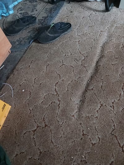 In Hlushky, Ukraine, a close-up, high-angle shot reveals a worn, brown carpet with a cracked pattern. Two black, athletic-style shoes with mesh uppers are positioned on the carpet. The shoe on the left is placed with its sole facing down, while the shoe on the right is upright. To the left of the shoes, a blue plastic bag and a section of a patterned rug are visible. A portion of a light-colored wooden object, possibly furniture, is also present in the upper left quadrant. A yellow envelope with printed text is in the lower left corner, and a white cable is draped across the carpet. The lighting appears to be indoor, with no visible natural light sources.