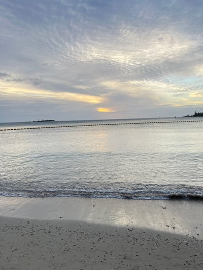 The image displays a coastal scene on a beach in Noumea, France, under an overcast sky suggesting either dawn or dusk. The upper two-thirds of the frame features a sky with layered, rippled cloud formations. A horizontal band of orange-yellow light is visible on the horizon, partially obscured by clouds. The mid-ground shows calm ocean water, reflecting the sky's hues. A continuous line of yellow, barrel-shaped buoys floats horizontally across the water, defining a boundary. In the distant left, a small, rocky island with minimal vegetation and a slender vertical structure is visible. A dark, vegetated landmass appears on the distant right. The foreground consists of a light grey-brown sandy beach, speckled with dark granular material. Small, gentle waves break at the waterline, creating a thin, white foam line. No human or animal subjects are present; the scene is devoid of activity.