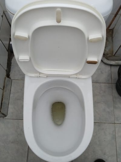 A top-down, medium shot captures an open white toilet bowl and lid in a bathroom. The toilet seat is raised, revealing the white ceramic bowl containing a small amount of yellowish liquid. The lid is also open, showing its underside, which is also white. The toilet is situated in a tiled bathroom, with light grey square tiles on the floor and a section of tiled wall visible on the left. The overall impression is of a functional, albeit slightly aged, bathroom. There is no visible text.