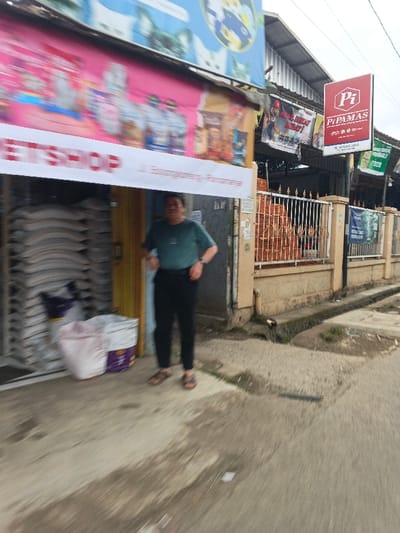 The image displays a street scene in Cangkuang Kulon, Indonesia, showing the exterior of a commercial establishment and its surroundings.

On the left, a "PETSHOP" is visible, featuring a large pink banner above its entrance displaying various pet food products. Above the pink banner, a blue banner with cartoon animal illustrations (cats and dogs) is present. A white banner with red text reading "PETSHOP" and "Jl. Sampoengkesang-Parampanya" is stretched across the top of the entrance.

An adult male stands within the pet shop's entrance area. He is wearing a teal short-sleeved shirt, dark trousers, and brown sandals, and is positioned facing generally forward, slightly angled towards the right. Behind him, a closed yellow roll-up door is visible. To the left of the man, inside the shop, several stacks of white bags are piled. On the ground outside the shop, two more white bags, one with purple branding, rest near the entrance.

To the right of the pet shop, a property boundary is marked by a beige concrete wall topped with white metal fencing. Behind this fence, reddish-brown construction materials (likely bricks or tiles) are stacked, and a building with a corrugated metal roof is visible. A prominent red vertical sign with the logo "Pi PAMAS" and text "Jl. IKDAR JAYA - CANGKUANG KULON" is affixed to a pole on the right side of the frame, confirming the location.

The foreground consists of a grey concrete sidewalk, showing signs of wear and moisture. A narrow concrete gutter runs along the edge of the sidewalk, parallel to the fence line on the right. The sky overhead appears overcast. The image exhibits motion blur.