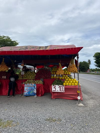 An outdoor fruit stand is depicted on a cloudy day, situated on a roadside with a highway visible to the right. The stand is covered by a red awning and features an abundance of fruits, including what appear to be pomelos, rambutan, and possibly dragon fruit. Two individuals are visible behind the stand, one appearing to be a vendor. A price sign with "3 100" and Thai script is displayed. The ground is covered in gravel. The setting is identified as Rai Mai, Thailand.