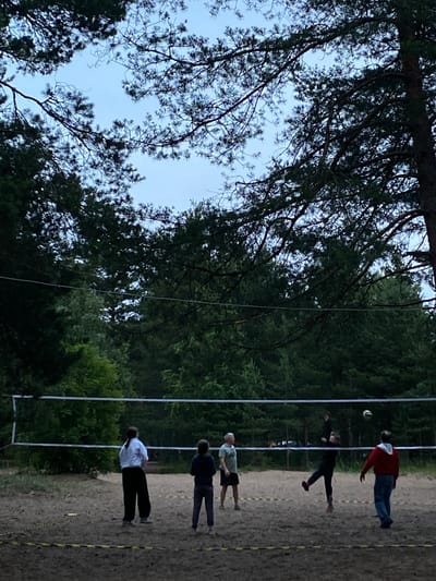 The image shows a volleyball game taking place on a sandy court surrounded by trees. There are five people visible on the court, with a volleyball in the air, suggesting an active game in progress. The scene appears to be outdoors, likely in a park or recreational area, with a volleyball net set up. The surrounding environment is dominated by dense green foliage and pine trees, indicating a natural setting. The lighting suggests it is either early morning or late evening. The specific location in the city of Primorsk, Russia, is not directly discernible from the visual elements within the image itself, but it depicts a recreational activity in a wooded, possibly coastal, area.
