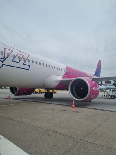 The image shows a Wizz Air Airbus A321 aircraft on the ground at Stuttgart Airport (STR), which is located near Echterdingen, Germany. The focus is on the plane's fuselage, wing, and engine, which is painted pink and white with the "WIZZ" logo. The plane is connected to ground support equipment including dollies or carts near the engine. An orange traffic cone is positioned next to the engine. The weather appears overcast. The scene is the airport apron or taxiway.