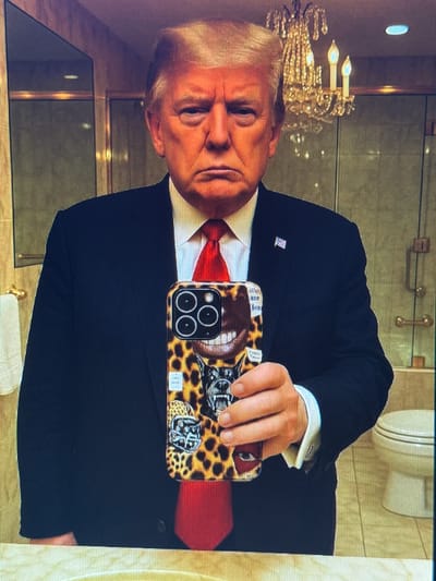 The image is a selfie taken by Donald Trump in what appears to be a bathroom. He is wearing a dark suit, a white shirt, and a red tie. He is holding up a smartphone with a leopard print case adorned with various stickers, including a grinning mouth, a football helmet, and what looks like a dog's face. The background shows a chandelier, mirrored walls, and a toilet. The setting does not appear to be in Shcherbanka, Ukraine.