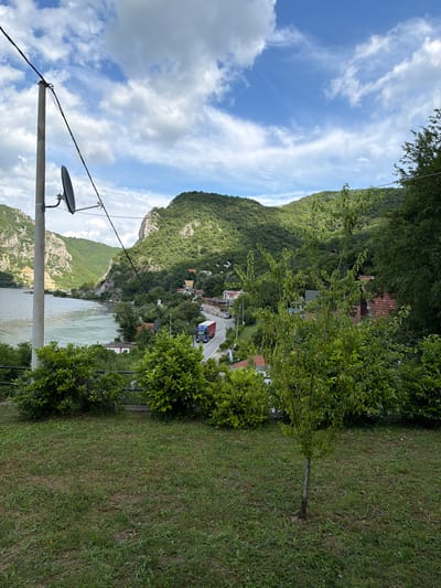 The image depicts a scenic view of the Danube River near Golubac, Serbia. In the foreground, a well-maintained grassy lawn is visible, with a small tree centrally placed. Beyond the lawn, a row of lush green bushes lines a railing, separating it from a body of water.

The Danube River dominates the left side of the image, its waters appearing a light greenish-blue. On the right bank of the river, a winding road is seen, with a red and blue truck driving on it. The road is flanked by houses with red-tiled roofs, nestled among dense green trees. Steep, tree-covered hills rise dramatically behind the houses, forming a picturesque backdrop.

A concrete utility pole stands on the left side of the frame, supporting electrical wires and a satellite dish. In the distance, windmills can be seen on the hills, suggesting a rural or semi-rural setting. The sky above is a vibrant blue, dotted with fluffy white clouds, indicating pleasant weather. The overall scene conveys a sense of tranquility and natural beauty, characteristic of the Golubac Municipality region.