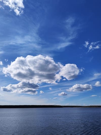 The image depicts a serene lake scene under a bright blue sky with scattered cumulus clouds. The water's surface is slightly rippled, suggesting a gentle breeze. A dark, narrow strip of forest lines the horizon. The location, Topornya, Russia, is not directly identifiable in the image, so it must be considered extrinsic information. The focus is on the natural elements of water, sky, and vegetation, with no visible human presence or activities.