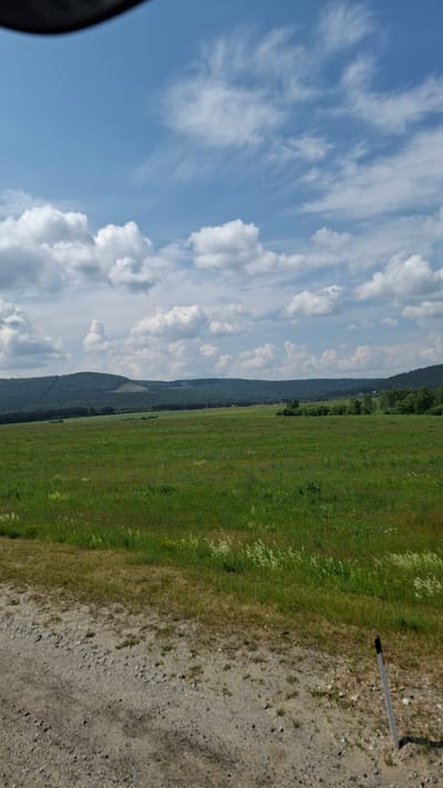 A wide-angle, eye-level shot captures a rural landscape near Shelekhov, Russia, under a partly cloudy sky. The foreground is a gravel road transitioning into a vast, green field dotted with small wildflowers. In the middle ground, a dense forest of dark green trees stretches across the horizon, backed by rolling hills of a lighter green. The sky is a vibrant blue, streaked with wispy white cirrus clouds and interspersed with larger, puffy cumulus clouds. The overall scene is serene and natural.