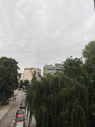 This is a photograph taken from an elevated viewpoint, looking down a street lined with buildings and trees. The sky is overcast, suggesting a cloudy or possibly rainy day. The street is paved with cobblestones and is occupied by several parked cars, including a red one in the foreground, followed by a row of dark-colored vehicles. A few people are walking on the sidewalk.
In the background, there are several buildings. One prominent building is a tall, pastel-colored structure with many windows. Next to it, a greener, more modern building with a flat roof and large windows is visible. The foreground is dominated by the dense foliage of a large weeping willow tree, its branches hanging down. To the left, a large deciduous tree with dark green leaves stands tall.
The scene appears to be in an urban setting, likely a residential or mixed-use area in Stargard, Poland. The time of day is not explicitly indicated, but the overcast sky suggests it could be daytime. The overall mood is somewhat subdued due to the cloudy weather. No visible text is present in the image.