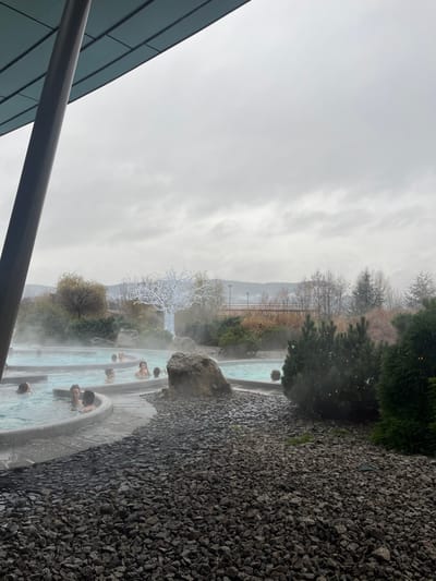 The scene depicts an outdoor thermal bath complex located in Ribeauvillé, France, under an overcast sky. In the foreground, a dark grey diagonal support pillar for a building overhang is visible on the upper left, while the lower portion of the frame is dominated by dark grey crushed stone or gravel.
The midground features multiple interconnected, irregularly shaped thermal pools with light blue water emitting significant steam, indicative of warmth. Approximately 15 to 20 individuals, both male and female, are visible within these pools, mostly submerged from the chest up, engaged in relaxation or casual interaction. The pools are bordered by light grey stonecoping. Several large, dark grey boulders are positioned at the edges of the pools and within the gravel landscaping.
Further into the midground and background, there is varied vegetation including evergreen shrubs and bare deciduous trees. A prominent, bare tree adorned with numerous white lights stands centrally, illuminated despite the daytime conditions. Beyond the immediate pool area, a brown-toned pedestrian bridge or elevated pathway is visible through the trees. The distant background features dark grey hills or mountains under a uniformly light grey, cloud-covered sky. The overall environment suggests a leisure or wellness facility during cool, overcast weather.