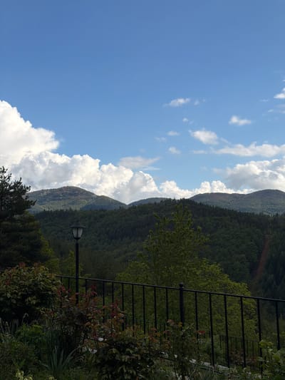 A slightly rotated outdoor shot depicts a mountainous landscape under a partly cloudy, blue sky. The mountain range, heavily forested, is interspersed with patches of exposed rock and earth. A black metal fence runs parallel to the mountains and is partially obscured by greenery and foliage. A black lamppost is also visible in the foreground. The location is implied to be near or within Кирково, Bulgaria. No people are visible.