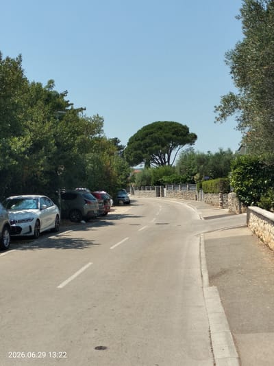 The image depicts a sunlit street scene in Krk, Croatia. On the left side of the paved road, several cars are parked along a row of dense green trees, casting shadows. The vehicles include a silver sedan, a grey hatchback, and a red car. The road curves gently to the right, with a stone wall lining the right side of the street, topped with manicured green bushes. Beyond the wall, more trees and buildings are visible. A distinctive, large umbrella-shaped pine tree stands prominently in the background. The sky is clear and blue. The timestamp "2026.06.29 13:22" is visible in the lower left corner.