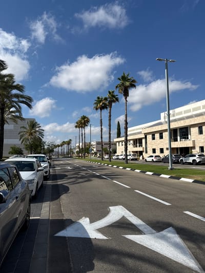 This image shows a street scene with several cars parked along the side of a road. The road has white directional arrows painted on it, indicating traffic flow. Palm trees line the street, casting shadows on the asphalt. In the background, there is a modern-looking building with a light-colored facade. The sky is a clear blue with scattered white clouds. The sun is shining, suggesting it is daytime. The scene is set in Caesarea, Israel, a coastal city known for its historical Roman ruins and modern development. No people are visible in the image, and there is no text present, apart from the directional arrows on the road. The overall impression is one of a sunny day in a well-maintained urban or suburban environment.