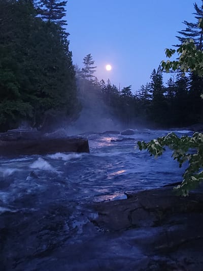 The image depicts a twilight scene of a turbulent river flowing through a wooded area. The moon is visible in the dusky blue sky, casting a faint light through mist rising from the water. Dark green coniferous trees line the banks of the river, with some rocks visible in the foreground and midground. The water is choppy with visible whitecaps, suggesting a fast current. There are no people or animals visible in the scene. The location is specified as Saint-Alban, Canada, though the specific landmark within Saint-Alban is not identifiable from the image.