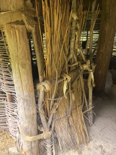 The image depicts the interior of a rustic structure, likely a hut or shelter, with a thatched roof and walls made of woven branches and wooden posts. The primary subjects are bundles of dry reeds or straw, bound together and leaning against wooden supports. Several branches, also bound with what appears to be natural fiber rope, are incorporated into the structure, some with tufts of fur or hair attached. The floor is made of packed earth, with some debris scattered across it. In the background, darker wooden beams and what appear to be pottery vessels are visible. The overall impression is one of a primitive or historical dwelling, possibly a reconstruction or an exhibit related to traditional rural life. The location is stated to be in the Камянюцкі сельскі Савет, Belarus, suggesting it's part of a historical or ethnographic site. There are no people visible in the image.