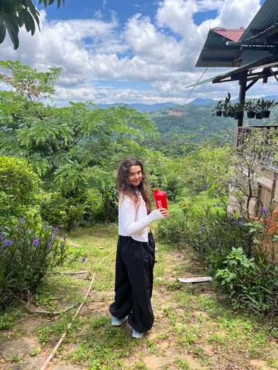 A young woman with curly brown hair stands in a lush, green outdoor environment with a view of rolling hills in the distance. She is wearing a white long-sleeved shirt and loose black pants, and holding a red shaker bottle in her right hand. The ground around her is covered in grass, stones, and some purple flowers. To her right, there is a rustic wooden structure with a corrugated metal roof and hanging plants. The sky is partly cloudy with a bright blue expanse. The location is the city of Sơn Điền, Vietnam.