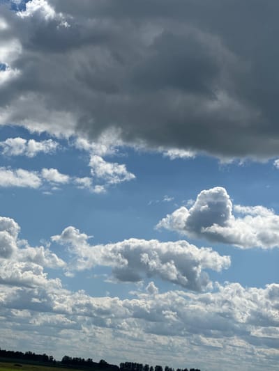 The image shows a wide shot of a cloudy sky over a rural landscape. The sky is filled with a mix of dark gray storm clouds and lighter, fluffy white cumulus clouds. The lower portion of the image shows a dark silhouette of trees and vegetation against a slightly lighter horizon, suggesting a field or meadow. The overall scene depicts a dramatic and somewhat moody sky, likely indicating approaching or passing weather. The location is identified as Aktsyabrski rural council, Belarus.