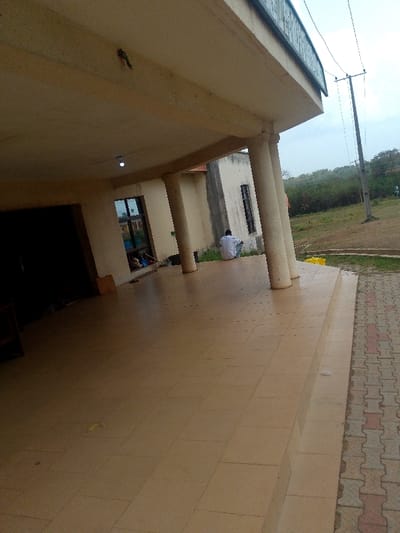 The scene depicts the exterior of a building located in Alabata, Nigeria. A covered veranda with light-colored square floor tiles extends from the building's facade, supported by multiple cylindrical columns. One individual, dressed in a white shirt and dark trousers, is seated on the tiled veranda floor with their back to the camera, facing the building's wall. A bird, exhibiting green and red plumage, is perched on a structural beam on the veranda ceiling. To the left, a dark doorway and a reflective window are visible on the building's front. Beyond the veranda, a step leads to an area paved with red and grey interlocked blocks. This paved section transitions into an open, unkempt grassy field. A single utility pole with power lines stands upright in the mid-ground of the field. A dense line of vegetation and trees forms the distant horizon under an overcast sky.