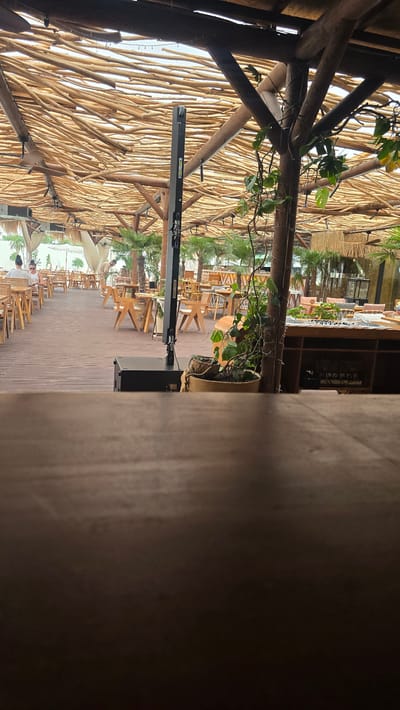 This media file depicts an outdoor dining area with a rustic, natural aesthetic. The scene is dominated by a roof constructed from numerous thin, light-colored wooden poles, creating a textured and organic canopy. Large, dark wooden beams provide structural support for this unique roofing. Sunlight filters through the gaps in the poles, suggesting it is daytime, possibly late morning or early afternoon.
The setting appears to be a restaurant or cafe with an open-air layout. Wooden tables and chairs are arranged on a wooden deck floor, indicating an outdoor seating area. In the background, more tables and chairs are visible, some with white tablecloths. Potted plants, including palm trees, are interspersed throughout the space, adding to the natural ambiance. A large black speaker or piece of equipment is mounted on a pole under the canopy.
On the far right of the image, a dark, textured surface, possibly a wall or partition, takes up a significant portion of the frame, creating a sense of depth and framing the view of the dining area.
The image is oriented vertically, with the top of the scene appearing on the left. There is no discernible text within the visible portion of the image. The overall impression is one of a relaxed and inviting outdoor dining space, likely in a warm climate. The location context provided is Parakar, Armenia.
