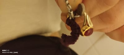 A human hand holds a metallic chain from which two distinct charms are suspended. One charm is a dark purple, irregularly textured material object, curled into a sinuous form. The second charm is a gold-colored pendant featuring a prominent, oval red cabochon gemstone. The background consists of an out-of-focus, uniformly light-colored surface, indicative of an indoor setting. The scene is located in the city of Constance, Germany. A digital watermark "POCO X3 PRO | [WIR]" is present in the lower-left corner.