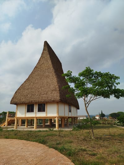 A stilt house with a distinctively tall, conical thatched roof stands prominently in the center-left of the frame, set against a partly cloudy sky. The roof, made of dried straw or reeds, tapers upwards to a sharp peak. The house features white walls with dark-framed windows and is supported by numerous sturdy wooden pillars, elevating it off the ground. On the left side of the house, a wooden staircase and balcony railing are visible.

To the right of the house, a medium-sized tree with vibrant green foliage and a light-colored trunk stands. Its branches spread out widely, providing a contrast to the angular roof.

In the immediate foreground, a patterned paved path, possibly made of reddish-brown concrete or brick, curves towards the left. The ground around the house and tree is covered in patchy grass and some dry earth, indicative of an outdoor, semi-natural setting.

The background reveals a landscape of distant hills or mountains under the cloudy sky. Other buildings and trees can be seen further back, suggesting a rural or semi-rural community. The overall impression is one of peaceful serenity on a clear, bright day. There are no people visible, and no specific activities are taking place. The architecture of the house suggests a traditional or culturally significant dwelling, possibly in Đà Giang, Vietnam, as per the location context. No visible text is present in the image.