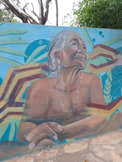 The image shows a mural depicting an elderly indigenous woman with gray hair, a necklace, and clasped hands. The mural is painted on a blue wall with geometric shapes and plant-like forms in the background. The upper part of the wall is visible with vegetation, a tree trunk, and leaves reaching into the frame. The lower edge of the mural appears to rest on a stone or concrete surface. It's located in Villa Hayes, Paraguay.