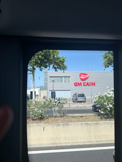 The image shows a view from inside a vehicle, looking out through a window at a commercial building with a prominent red logo and text that reads "GM CASH". The building is modern with a corrugated metal exterior. There is a small silver van parked in front of the building, and a black car is partially visible to the right. White flowering bushes are in the foreground, partially obscuring the view of the building and vehicles. Trees with green foliage are visible above the building. The scene appears to be outdoors on a sunny day, with a clear blue sky. The ground in front of the building is paved, and a concrete barrier with a white line is visible in the foreground, suggesting a roadside location. The image is taken from an elevated perspective, looking slightly downwards.