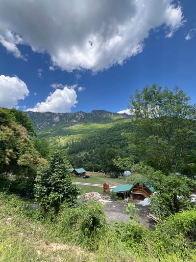 The image depicts a mountainous landscape in Crna Poda, Montenegro. The foreground features lush green vegetation, including tall grasses and bushes. In the middle ground, there are two wooden cabins with green roofs, situated near a road. One cabin appears to be undergoing construction or renovation, with visible scaffolding and building materials. A dark-colored car is parked near one of the cabins. Further into the scene, the terrain slopes upwards, covered in dense green forest that extends to the base of a rugged mountain range. The sky above is a vibrant blue, punctuated by scattered white clouds.