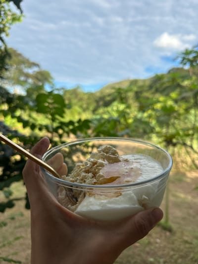 A hand holds a glass bowl filled with yogurt and cottage cheese topped with honey. A golden spoon is in the bowl. The background is blurred and shows lush green foliage against a sky with white clouds. The image is not located in Buenos Aires, Peru, as the location is not identifiable and the description provided is incorrect.