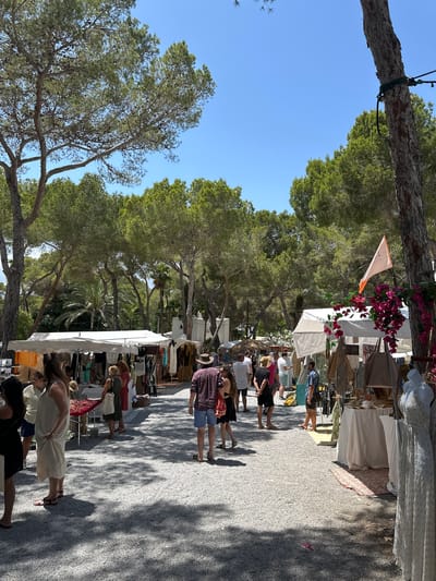 This media file shows an outdoor market scene in Es Canar, Spain, likely during daylight hours with clear weather. The image is oriented vertically, with trees framing the left and top sides of the frame. A pathway covered in gravel runs through the center of the scene, lined with market stalls. These stalls display various goods, including clothing and textiles, with some mannequins visible. Several people are browsing the stalls, suggesting a lively atmosphere. The architecture of the market stalls is simple, often consisting of white canopies and wooden structures. The presence of lush green trees and a bright blue sky indicates a sunny day, likely in a warm climate. The overall mood appears relaxed and casual, characteristic of a weekend market. No discernible text is visible within the image.