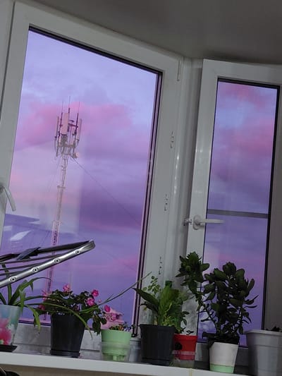 The image captures an indoor perspective looking out through a white-framed window, revealing a vibrant and colorful sky. The sky is dominated by striking shades of purple and pink, strongly suggesting either a dramatic sunrise or sunset. A tall cell tower or communication mast, equipped with multiple antennas and dishes, is prominently visible through the lower window pane, silhouetted against the intense sky colors.
The window itself is a modern, white PVC-framed unit, appearing to consist of at least two sections. A white handle is discernible on the upper window frame. To the right, on an interior windowsill or ledge, several potted plants are arranged. These include a lush green plant in a white pot with a light green rim, another green leafy plant in a black pot, and a flowering plant with small pink blooms and long green leaves, also in a black pot. A small red object and a light green inverted container (possibly for watering) are also visible among the plants. Part of a silver, metallic object, likely a household item, is visible in the lower right corner.
The scene evokes a sense of quiet observation from indoors, highlighting the contrasting elements of the natural sky, the industrial cell tower, and domestic plant life. No human figures or discernible text are present in the image. The window design and the presence of the communication tower align with the context of Nadym, Russia, likely reflecting an urban or suburban setting.