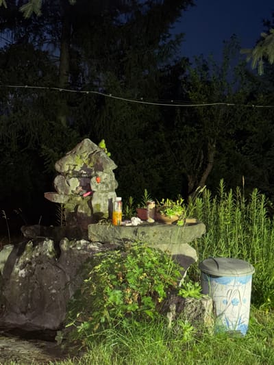 The image depicts an outdoor scene at night, likely in a rural or garden setting. The central focus is a rough-hewn stone structure resembling a fountain or primitive altar, adorned with two brass faucets and a bright orange object. On the platform of this structure, there is a plastic bottle with a yellow liquid, a small potted plant with yellow flowers, and some other unidentifiable objects. To the right of the stone structure, a trash can with a blue and white floral pattern is visible amongst tall green plants. The background is dominated by dark trees and a dimly lit sky. The location is identified as Taban, Bulgaria, suggesting a possible domestic or community outdoor space within this region. There are no people or animals visible in the image. The lighting is low, indicating it was taken after sunset, possibly with artificial light illuminating the scene.
