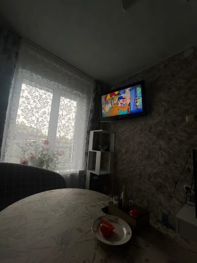The image depicts an indoor scene, likely a living room or dining area, with a focus on a table, a television, and a window. The room appears dimly lit, with the television screen being a source of light and color. On the wall-mounted television, a cartoon is playing, featuring animated characters. In the foreground, a round table is covered with a floral-patterned tablecloth. On the table, a white plate holds two slices of what appears to be tomato. Beside the plate is a small wooden box containing several items, possibly condiments or toiletries. To the left of the table, a dark-colored chair with a plaid pattern is visible. A large window with a decorative lace curtain is to the left of the television, letting in natural light from the outside, where faint shapes of trees and buildings can be discerned. A white shelving unit with cubbies is positioned on the wall between the window and the television. The walls have a textured, patterned wallpaper. The overall impression is of a cozy, domestic setting. There is no specific information in the image to indicate the location is in Balezino, Russia.