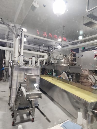 This image depicts an operational dairy or cheese production facility, specifically identified by a red LED sign displaying "BEECHER'S HANDMADE CHEESE," located in Seattle, Washington. The scene features a long, rectangular, stainless steel vat occupying the mid-ground, filled with a substantial quantity of a light yellow, semi-solid material, consistent with cheese curds or a similar dairy product. One individual is visible in the mid-right, wearing a white smock and blue gloves, leaning over the vat, engaged in processing the contents. To the left, a mobile stainless steel unit with a square top, possibly a hopper or pressing device, rests on red-wheeled casters. The facility is equipped with extensive stainless steel piping systems, tanks, and industrial machinery, some branded "BEECH," indicating the equipment manufacturer. The floor is light gray and appears clean. Bright overhead industrial lighting illuminates the entire area. In the immediate foreground, a white plastic squeeze bottle and a folded blue cloth are visible on the floor.