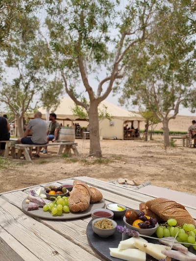 The image shows a table setting in an outdoor location, presumably in or near Mizpe Ramon, Israel, given the desert-like environment. The table is set with platters of food, including bread, cheese, olives, grapes, and various condiments. There are people sitting on benches in the background, suggesting a gathering or event. The background features a large tree and a tent structure, adding to the ambiance of the setting.