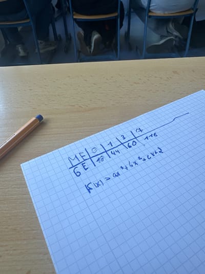 The image shows a close-up view of a notebook with handwritten mathematical equations and a table. The notebook is placed on a light brown wooden desk. A pen with an orange barrel and a dark blue cap is visible on the left side of the frame, resting on the desk.
The notebook page is lined with a grid pattern. In the upper part of the page, there is a table with columns labeled "ME" and "GE" in the first column. Subsequent columns contain numbers and symbols, including a circle with a dot inside, "1", "3", "7", "18", "44", "60", and "76". There is also a wavy line extending from the right side of the table across the page. Below the table, a mathematical equation is written: "f(x) = ax³ + bx² + cx + 2".
In the blurred background, several people are seated on chairs, suggesting a classroom or lecture hall setting. Their legs and feet are visible beneath the desk. One person's shoes appear to be white and grey sneakers. The chairs have blue frames and light-colored seats. The overall impression is a scene of studying or learning.
The image does not contain any specific information that would allow for its location to be identified as Hamm, Germany.