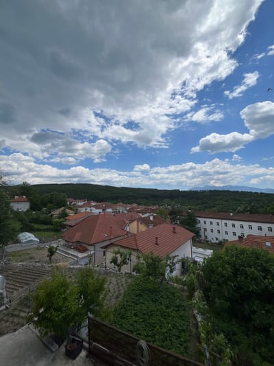 The image presents a landscape view with a blue sky covered in cumulus clouds. A bird can be seen flying in the sky. The scene includes residential buildings with red tiled roofs situated amidst lush green vegetation. A forest ridge borders the town in the background. Visible near the bottom right is a garden with rows of cultivated land and a greenhouse. The image is rotated 90 degrees counterclockwise. There is no indication to indicate this image is in Slashten, Bulgaria.