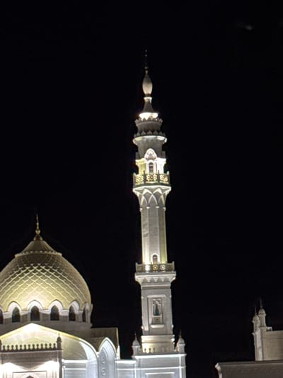 The image shows the Kul Sharif Mosque in Kazan, Russia, at night. The mosque is illuminated, with its golden dome and white minarets prominently visible against the dark sky. The architectural details of the mosque, including the arched windows and intricate carvings, are visible. The area around the mosque is dark, suggesting it is not a densely populated area or that other lights are off. There are no people visible in the image. The photograph appears to have been taken from a distance, capturing the grandeur of the mosque.