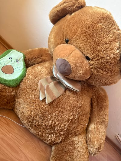 A large, brown teddy bear is positioned indoors. The bear has a ribbon tied around its neck and is holding a green avocado-shaped cushion with a smiling face. The bear is resting on a wooden floor. The location is likely Obruchishte, Bulgaria, based on the user prompt.