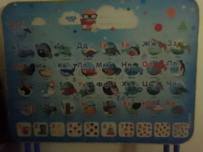 This is a digitally captured image of a children's educational toy, likely a learning mat or board, featuring the Russian alphabet and numbers. The toy is a blue rectangle with various colorful illustrations. At the top, there are clouds, stars, and geometric shapes (a square, a circle, and a triangle). A cartoon character, possibly an owl wearing glasses, is depicted within a cloud on the left side, next to the text "NIKA Kids". Below this, the Russian alphabet is displayed in rows, with each letter presented inside a circular illustration. Each letter is accompanied by an image of an animal or object that begins with that letter. For example, the letter "Д" is paired with a dinosaur, "Е" with a hedgehog, "Ж" with a horse, "З" with a zebra, "И" with an otter, "К" with a whale, "Л" with a fox, "М" with a crab, "Н" with a fish, "О" with an octopus, "П" with a penguin, "Р" with a rabbit, "С" with a seal, "Т" with a teapot, "У" with an owl, "Ф" with a fox, "Х" with a badger, "Ц" with a crane, "Ч" with a cheetah, "Ш" with a hedgehog, "Щ" with a broom, "Ы" with an orange, "Э" with a bird, "Ю" with a pie, and "Я" with a strawberry. The bottom portion of the toy displays numbers from 1 to 10, each within a square, accompanied by corresponding dots. The image is somewhat blurry, indicating low resolution or poor lighting conditions. The toy appears to be placed on a light-colored surface, possibly a table or the floor, with the edge of a blue object visible at the bottom. The location mentioned, Махамбет ауылдық округі, Kazakhstan, is not visually represented in the image itself, which solely shows the toy.