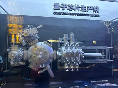 An exhibit displaying a large-scale model of a "QUANTUM CHIP PRODUCTION LINE" is observed in Guangming District, China. The model, constructed from metallic-gray components, is housed within a transparent glass enclosure, creating reflections. It features a complex assembly of interconnected spherical and cylindrical vacuum chambers. On the left, a large spherical chamber with multiple ports connects to angular mechanical units. A golden, multi-tiered cryostat structure is partially visible in the upper-left background. Towards the right, another multi-ported cylindrical chamber extends into a framework enclosing a central tubular component. The display features a dark background with blue accent lighting. Overhead, the English text "QUANTUM CHIP PRODUCTION LINE" and corresponding Chinese characters are prominently displayed. Below the model, illuminated information screens present technical diagrams and text, partially legible as "JOSEPHSON...". No individuals are depicted within the immediate scene.
