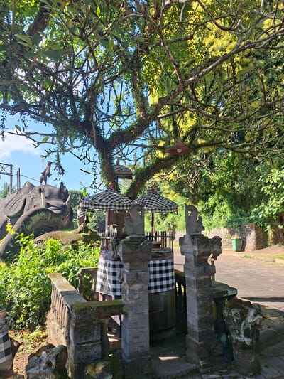 The image depicts an outdoor scene in Banjarangkan, Indonesia, under a bright sky and dappled sunlight filtering through the branches of a large, mature tree. The foreground features traditional Balinese stone carvings, including decorative pillars with intricate designs and a railing adorned with carved balusters. A black and white checkered fabric, characteristic of Balinese ceremonial attire, is draped over a section of the structure.
To the left of the foreground, a large, dark gray statue of an elephant is visible, seemingly made of stone or concrete. A smaller, stylized statue of a deer or antelope stands on the elephant's head, reaching towards the tree. Green foliage and moss grow around the base of the elephant statue.
In the middle ground, two checkered umbrellas, similar in style to the fabric seen in the foreground, provide shade over a central area. A statue of a figure, possibly a deity or guardian, is positioned between the umbrellas. Behind these elements, lush green vegetation dominates the landscape, with a stone wall and a paved pathway visible in the background, alongside a green trash receptacle. The overall impression is one of a tranquil, culturally significant outdoor space.