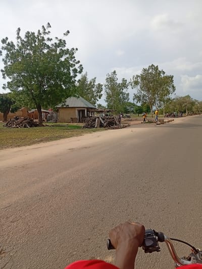 This image depicts a dusty, unpaved road in Shuwa, Nigeria, with a person's hand on a motorcycle handlebar in the foreground. To the left, a cluster of mud-brick structures with corrugated metal roofs are visible, surrounded by piles of cut wood. Several tall trees with green foliage are scattered throughout the scene. In the background, more trees line the right side of the road, and several individuals can be seen walking and standing near motorcycles. The sky is overcast with gray clouds.