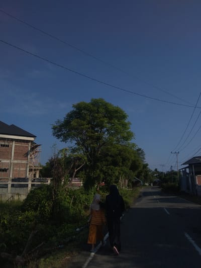 Two females are walking on a paved road in Tibang, Indonesia. One female wears a yellow and white striped shirt and yellow pants. The other wears a black hijab and black clothing. They are walking away from the camera, on the right side of the road. A large tree is situated on the left side of the road, close to the females. To the left, is a concrete building under construction, with scaffolding visible. Vegetation lines the left side of the road. Power lines are overhead. Houses are present on the right side of the road. The sky is blue.