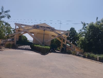The image shows a large concrete gate with a distinctive, angled, criss-crossed, overhead structure. The gate is closed and there is a paved area in front. There is a small, green bush in the foreground on the left side of the frame, and a larger, green bush to the right side of the frame. In the background, there are several trees. There are power lines running across the top of the image. There are no people visible in the image. The coordinates provided (10.835, 11.429) suggest this is an entryway to the University of Maiduguri in the city of Maiduguri, Nigeria.