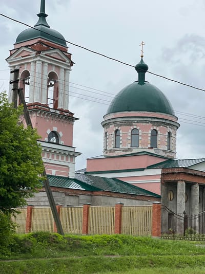 This media file shows a view of a church with two prominent structures: a dome and a bell tower. The church architecture is ornate, with pink and white detailing and exposed brick. The main dome is a large, green, onion-shaped structure topped with a golden cross. Adjacent to it, a multi-tiered bell tower also features pink and white decorative elements and open archways. Both structures appear weathered, with some signs of decay.

The scene is outdoors, with a cloudy, overcast sky suggesting it might be a cool or rainy day. Lush green grass and trees are visible in the foreground and to the right, providing a natural contrast to the man-made structures. Electrical wires are also prominently visible, crossing diagonally through the frame, hinting at the church's proximity to a populated area or infrastructure. The overall mood is somewhat somber, possibly due to the overcast weather and the state of the church's facade.

While no people are visible, the presence of a church suggests a religious setting. The architecture is consistent with Russian Orthodox churches. The location context provided places the scene in Zaytsevo, Russia. No visible text is present in the image.