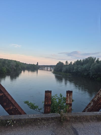 The image depicts a tranquil river scene at dusk or dawn, viewed from an elevated position, possibly a bridge or embankment, in Dositeevo, Bulgaria. The sky occupies the upper half, transitioning from a light blue at the zenith to a pale orange-pink near the horizon, with sparse, wispy clouds.
A wide river, with a gentle current and subtle ripples, dominates the middle ground. The water reflects the soft colors of the sky, appearing a muted blue-gray. On both banks, lush green trees and dense foliage line the river's edge, creating a verdant landscape. The trees on the left bank extend up a hillside.
In the distance, spanning the river, is a multi-arched concrete bridge supported by numerous piers, suggesting a significant crossing. A tall, dark, spire-like structure or monument is visible on the left bank, between the viewer and the distant bridge.
The immediate foreground features structural elements, likely parts of a disused or current bridge. On the left, a large, rusted, reddish-brown metal beam with visible rivets angles upwards into the frame. On the right, two vertical, rectangular, heavily rusted metal plates or posts stand, with green leafy vegetation growing around them. Below these metal structures, a rough concrete barrier, possibly a low wall or curb, runs horizontally across the bottom of the frame. The ground in front of the barrier is a mix of gravel and dirt, with small patches of grass and tiny white wildflowers. There are no people or discernible animal activity in the scene.