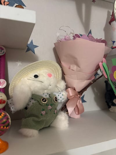 A white plush rabbit, outfitted in a light beige straw hat, a white polka-dotted shirt, and green corduroy overalls with pink floral embroidery and two dark-rimmed buttons, is positioned on a white shelf. The rabbit features black bead eyes, pink blush on its right cheek, and black whiskers. To its immediate right, a small bouquet of bare branches is wrapped in light pink paper and secured with a pink satin ribbon, topped with a silver-colored metallic wire decoration. To the rabbit's left, a pink glittery tube with a white heart sticker and additional colorful spherical decorative items are partially visible. A small, black and white knitted cat figure is partially visible further to the right of the bouquet. The background wall is white, adorned with blue star decals. A white shelf or structure is visible in the upper left portion of the image. This scene is located in Krasny Klyuch, Russia.