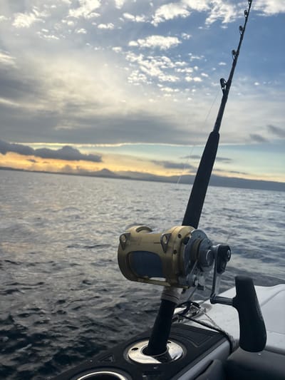 The image captures a maritime scene, reportedly off the coast of Fairy Meadow, Australia. In the foreground, the black-topped gunwale of a vessel is visible, featuring a chrome-rimmed rod holder. A heavy-duty black fishing rod is secured vertically within this holder, extending upward and to the right. A gold-colored Shimano Tiagra 50WLRSA conventional fishing reel is mounted on the rod, spooled with a light-colored fishing line that extends off-frame, indicating deployment into the water. The reel features a silver handle with a black grip. The midground displays the rippled surface of dark blue-grey water. In the distant background, a low-lying landmass or mountain range is silhouetted against the horizon. The sky above is partly cloudy, with scattered white and grey clouds, and a soft, warm, yellowish light near the horizon, suggestive of either sunrise or sunset. No individuals are visible in the scene.