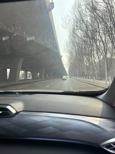 The image depicts a forward-facing view from inside a moving vehicle on an urban road in Huanggu District, China. The immediate foreground shows the vehicle's dark grey dashboard, featuring a textured geometric pattern on the passenger side trim and a metallic accent near an air vent. Ahead, the multi-lane asphalt road extends under a massive concrete elevated highway, which runs parallel to the left. This overpass is supported by numerous concrete pillars, and its unpainted underside exhibits a textured, possibly stained, surface. To the right of the road, a dense line of leafless deciduous trees is separated from the road by a low barrier adorned with white bollards. In the mid-ground, a yellow taxi, identified as a four-door sedan, occupies the leftmost visible lane, followed by other less distinct vehicles further ahead. The sky is overcast or hazy, contributing to diffused lighting. No individuals are distinctly visible.